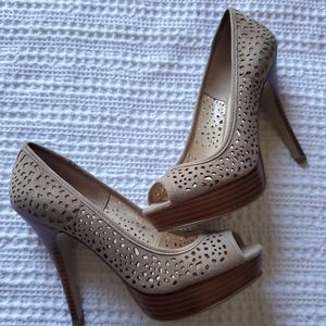 Enzo Angiolini Tan Suede Peep Toe Platform Heels